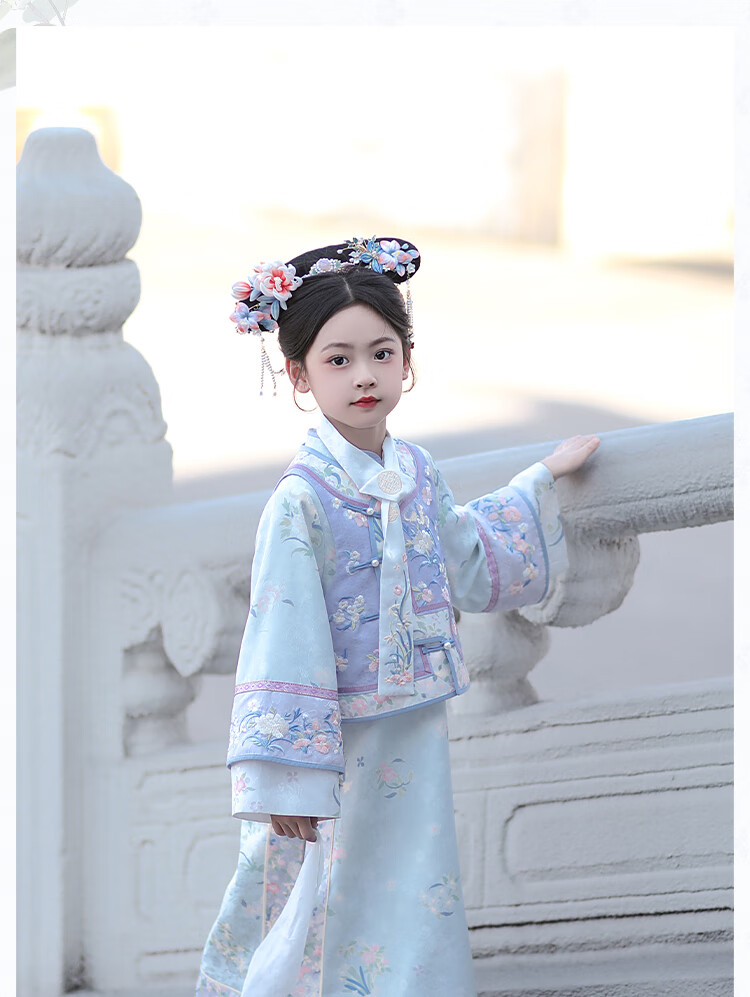 Qibo Girls' Cheongsam, Spring And Autumn Mid-Autumn Festival Children's Kindergarten New Hanfu, Blue-Purple + Neck Scarf, Size 130 24