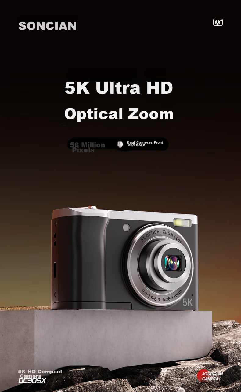 SONGDIAN Optical Zoom Digital Camera, 5K High-Definition Video Recording, Dual Front And Rear Cameras with Built-In Filters, Student Mirrorless Camera DC305x, Black, 256GB Memory 2