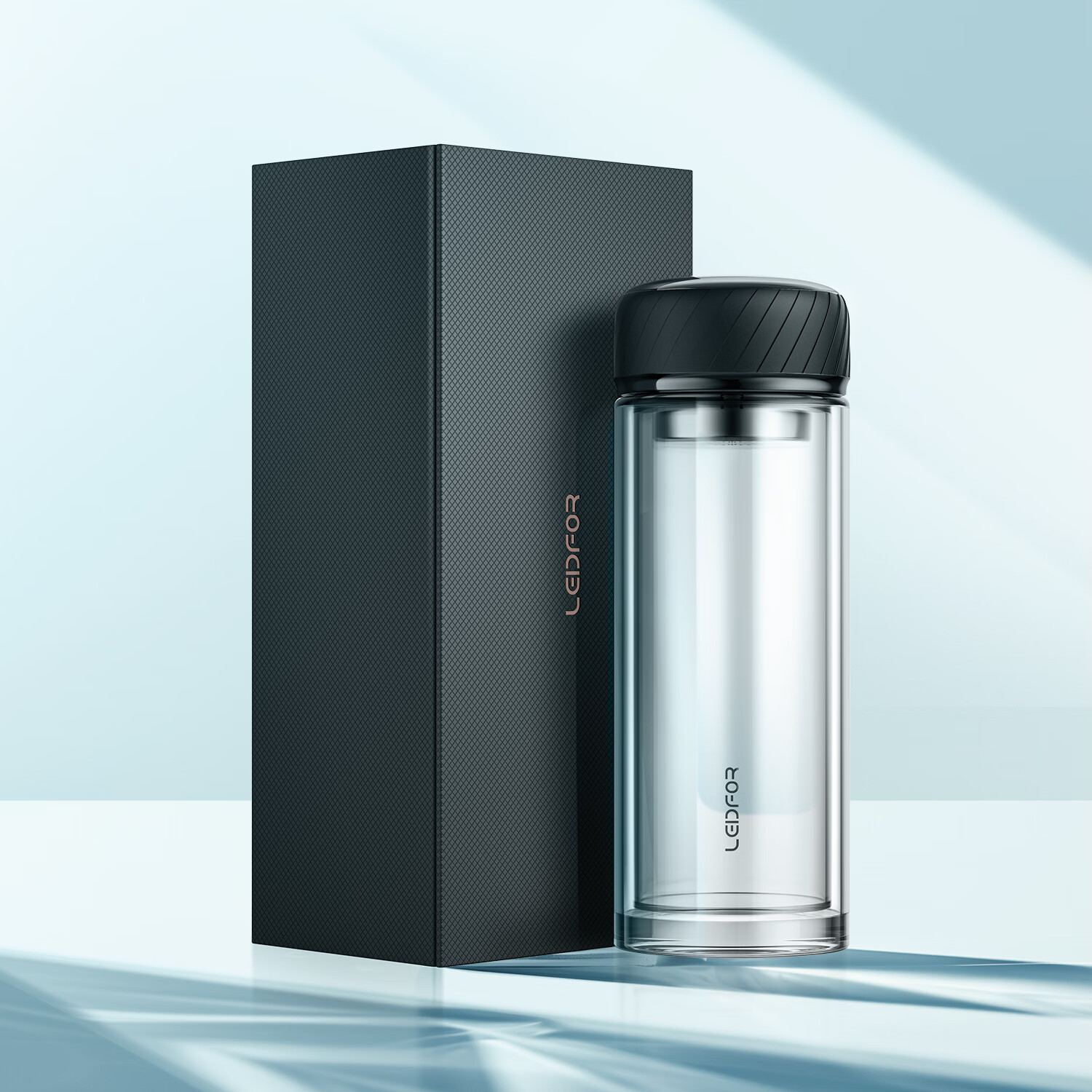 LEIDFOR G7 Glass Cup, Double-Layer Straight Tea Cup, Men's Large Capacity Tea Infuser Mug, Phantom Black 500ml, Mid-Autumn Festival