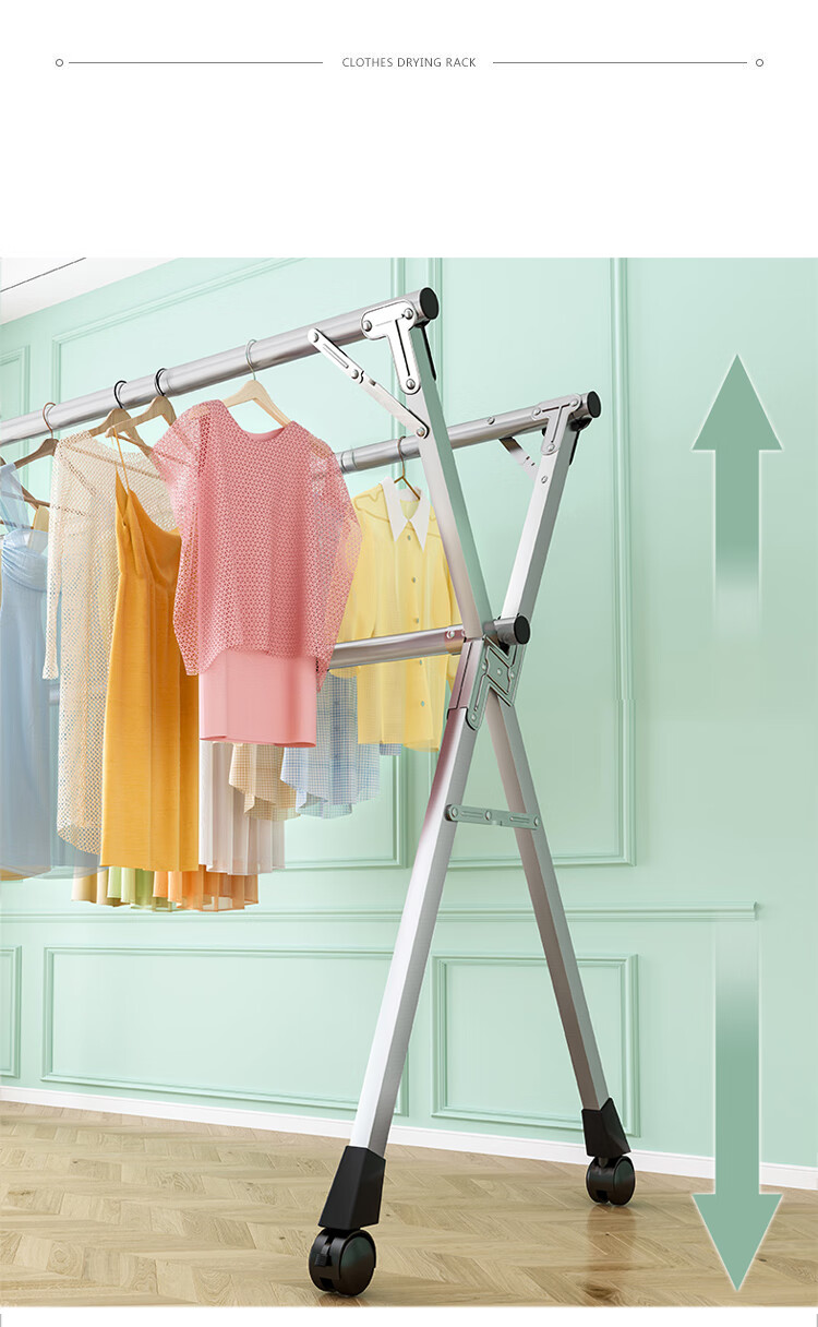 Annafu Floor-Standing Balcony Folding Drying Rack, Stainless Steel Extendable Quilt Hanger YJ95 Three-Pole + Wheels, 2.4 Meters 5