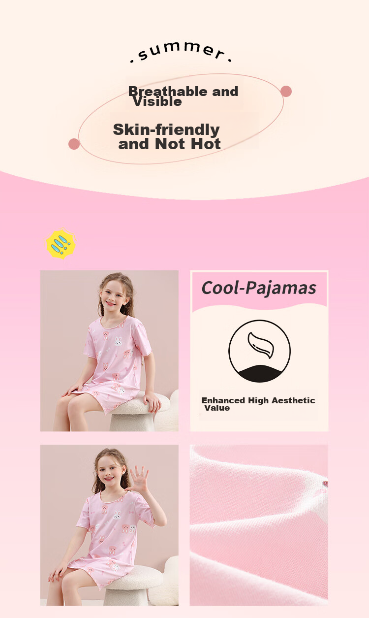 LangSha Children's Pajamas, Girls' Nightgown, Summer Thin Style, Cute Little Rabbit Pajamas, for Older Children's Loungewear Dress, Pink, Size 160 3