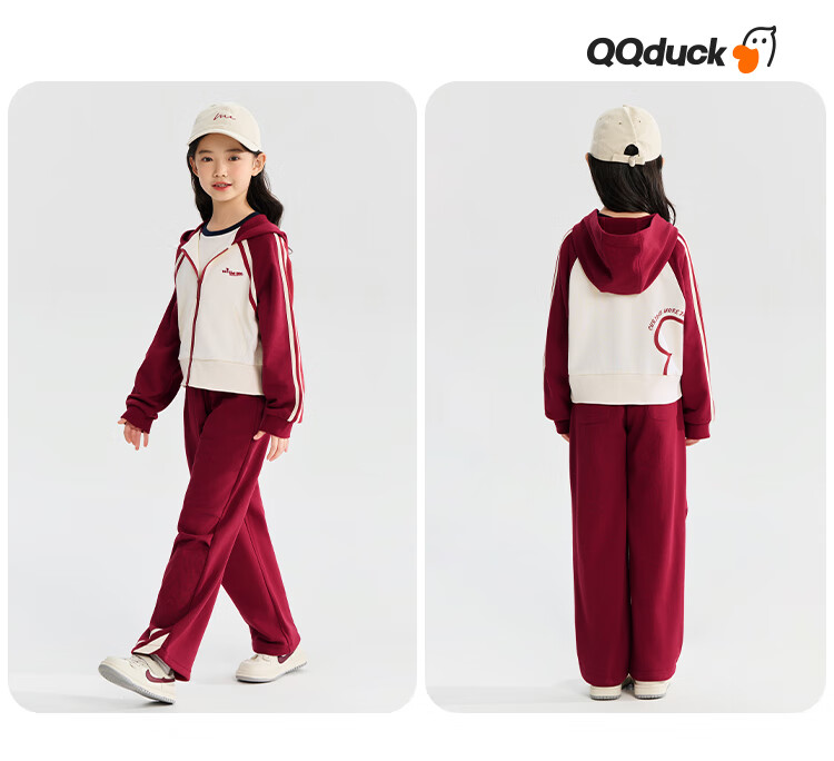 QQ DUCK Children's Clothing Set, Girls' Cardigan Jacket And Pants, Student Sportswear, Line Art Heart Pattern, Navy Blue; Size 165 3