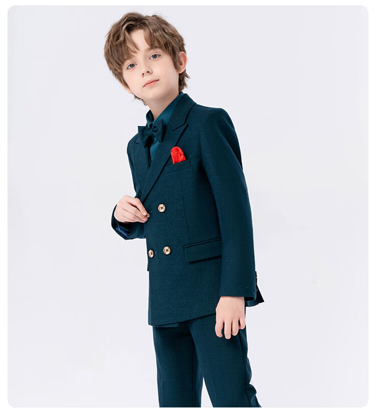 LUOBOBEIBEI Boys' Suit Set Children's Formal Wedding Flower Boy Blazer New Year Performance Outfit Dark Green Five-Piece Set Size 160 4