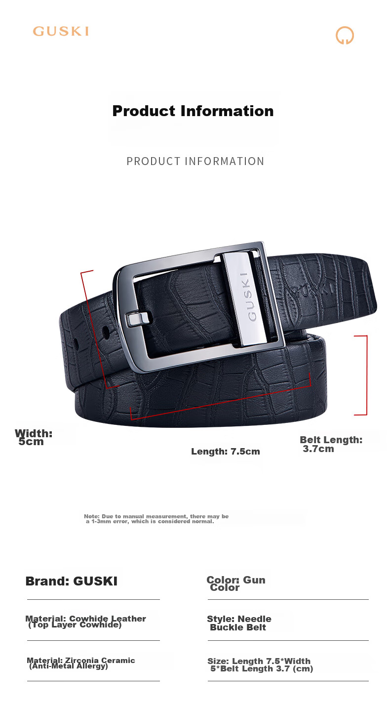 GUSKI Brand Men's Leather Belt with Ceramic Pin Buckle, Gift Box, Birthday Present for Boyfriend Or Husband 8