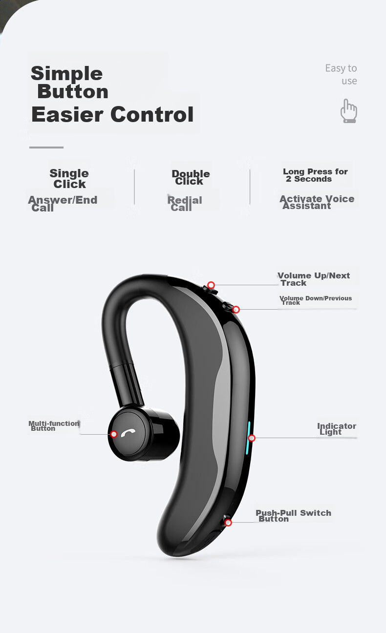 Masentek F610 Wireless Bluetooth Headphones, Single-Ear Non-In Ear-Hook Style Headset, Sports Car Audio Long-Lasting Battery Life, Compatible with Apple Huawei Xiaomi Honor Phones And Computers 15