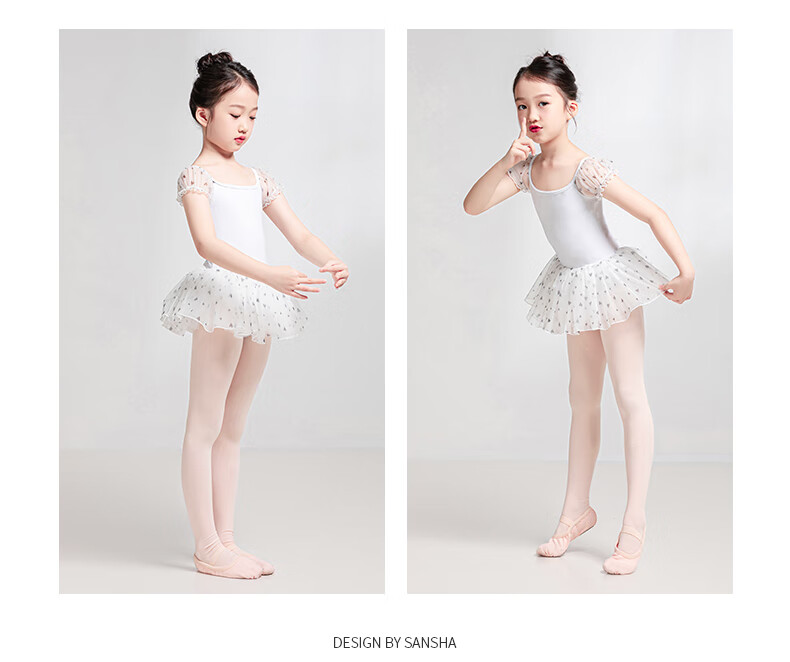 Sansha Children's Dance Tutu, Ballet Leotard for Girls with Heart-Shaped Puff Sleeves, Performance Dress with Open Crotch, White, Size L 11