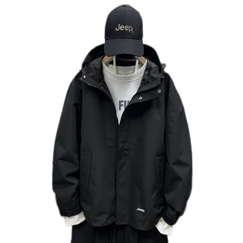 JEEP Men's Jacket, Spring And Autumn Casual Loose Windbreaker Workwear Clothing, Black, XL