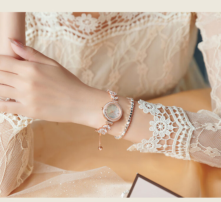 Julius Watch for Women, Mermaid Gift Box, Girlfriend Gift, Zirconium Bracelet, Quartz Ladies' Student Watch, Rose Gold MG-1435B 19