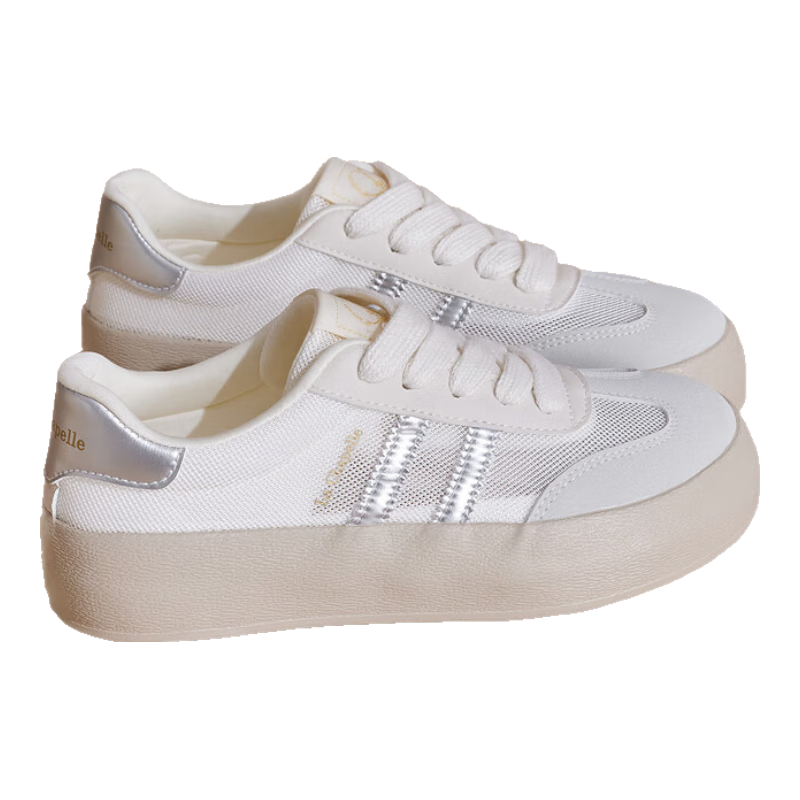 La Chapelle Women's Spring New Derby Shoes Thick Sole Casual Low-top Lightweight Sneakers Beige/Silver 36