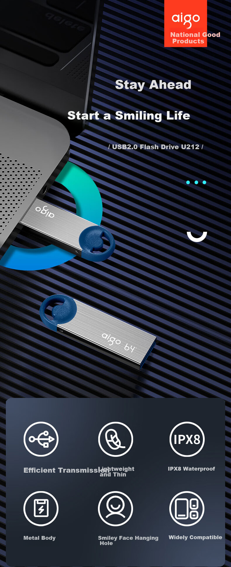 Aigo 16GB USB2.0 Flash Drive, U212 Silver, Metal Smile Office Series Flash Drive 1