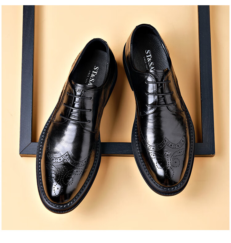 St&Sat Men's Shoes, Top-Grain Sheepskin, Formal Business Leather Shoes, Brogue Casual Leather Shoes for Men, Black, Size 40 4