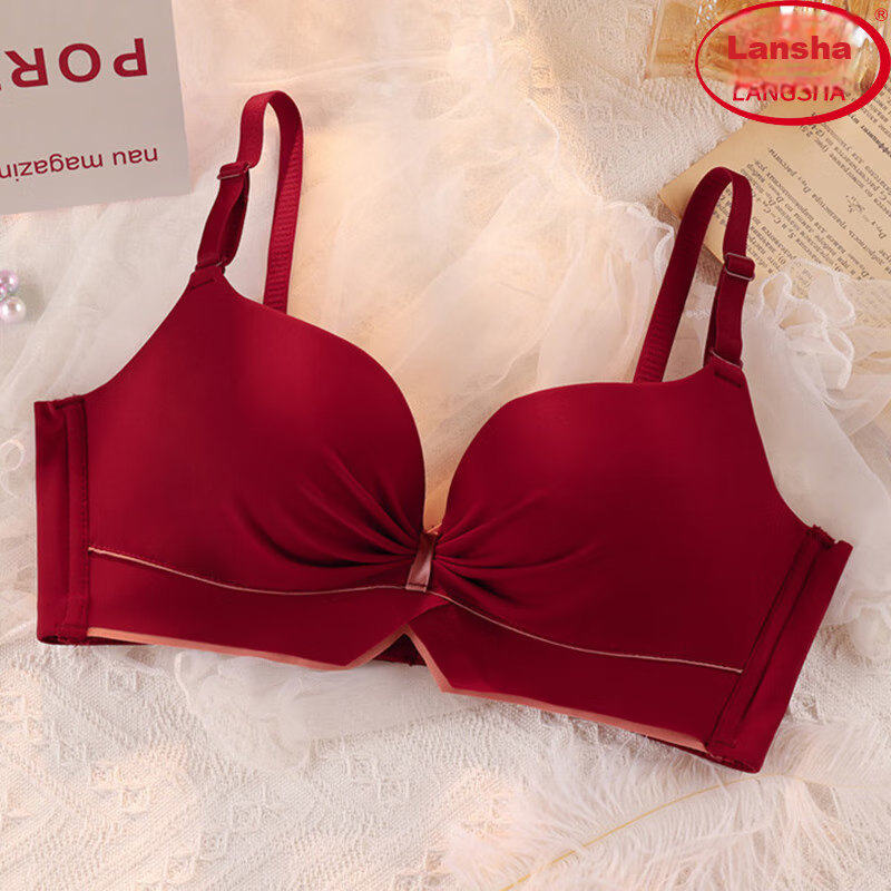 LangSha Zodiac Year Bra Set, Red Wedding, Small Chest Push-Up, Wireless, Horse Year, Side Support Bra, Women's Underwear, Size 32