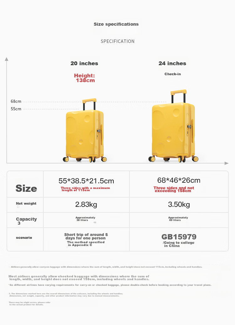 KALA·Y Cheese Luggage, 24-Inch Pure PC, Large Capacity Suitcase for Students Living in Dormitories, Stylish Trolley Case for Men And Wome 4