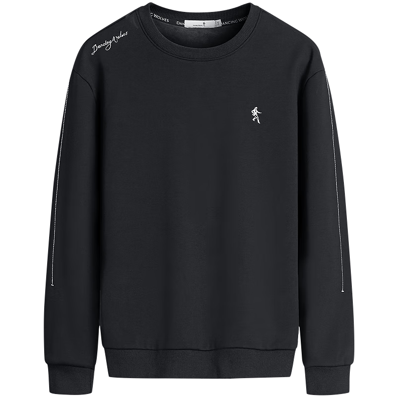 DANCING WOLVES [Fleece-Lined Thickened] Autumn And Winter Plain Line Design Trendy Versatile Round Neck Thick Sweatshirt for Men, 001 Black, Size 180