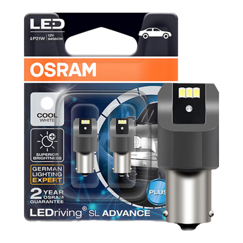 OSRAM P21W LED Car Light Brake Light Reverse Light Turn Signal Auxiliary Light P21 Single Filament White Light 12V 2.5W, Pack of 2