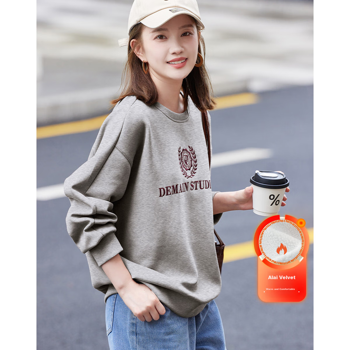 Dme Autumn And Winter New Commuter Round Neck Elastic Textured Letter Air Layer Sweatshirt Women's Top, Gray with Fleece Lining, Size S