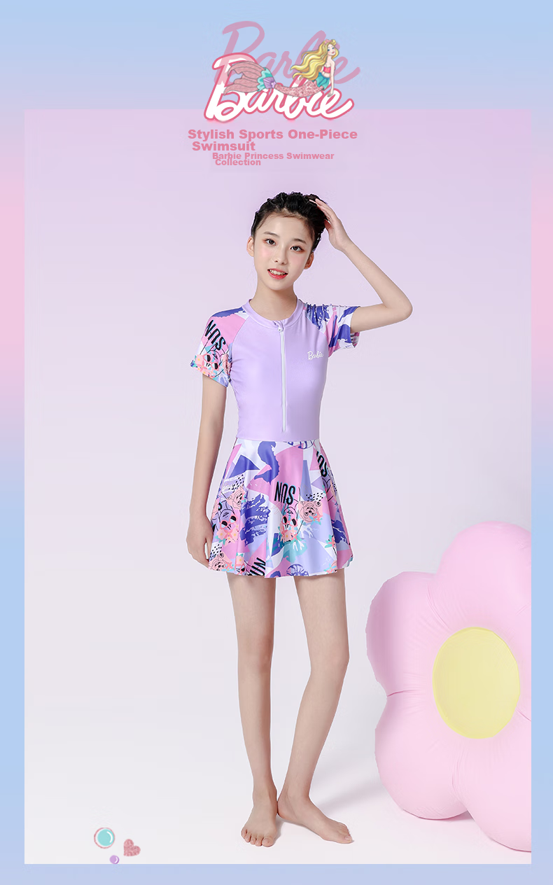 Barbie Girls' One-Piece Swimsuit Dress for Older Children, Stylish Swimsuit for Young Girls And Middle School Students 8