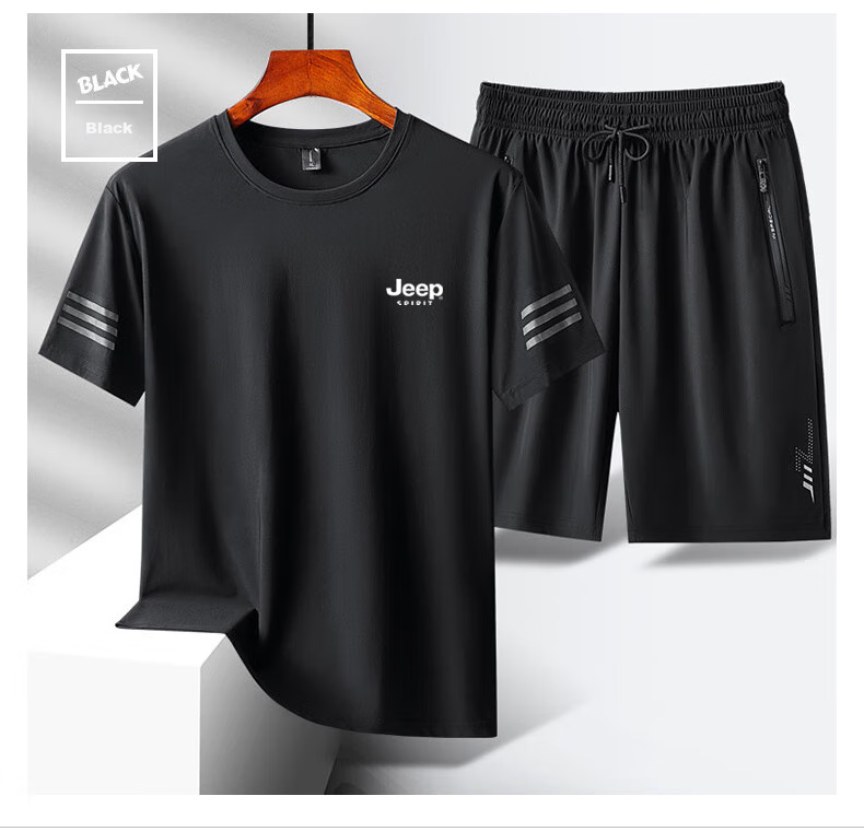 JEEP SPIRIT Ice Silk Set for Men, Summer Ice Silk T-Shirt And Shorts Two-Piece Set, Casual Sports Menswear, Black, 2XL 9