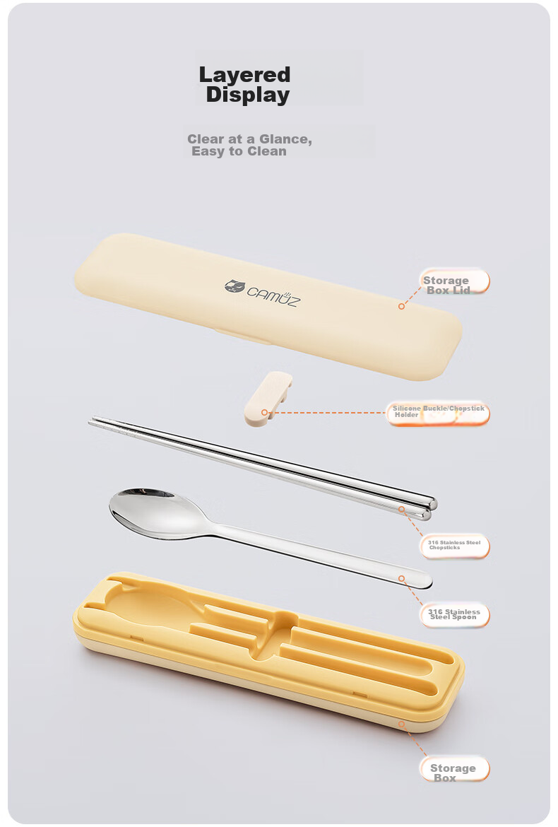 CAMUZ Food-Grade 316 Stainless Steel Portable Cutlery Set with Chopsticks And Spoon for Students And Office Workers, Single-Person Dining Set with Utensil Box, White 7