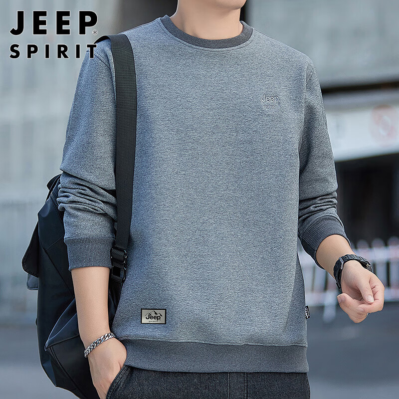 JEEP SPIRIT Men's Sweatshirt, Spring Korean Style, Round Neck Long Sleeve T-Shirt, Base Layer, Men's Clothing, Gray, XL