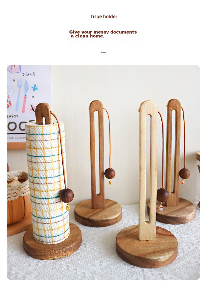 Fanyejia Solid Wood Kitchen Paper Towel Holder, No Drilling Required, Roll Paper Storage Rack, Lazy Person's Cloth And Plastic Wrap Organizer, Vertical Storage Shelf 8