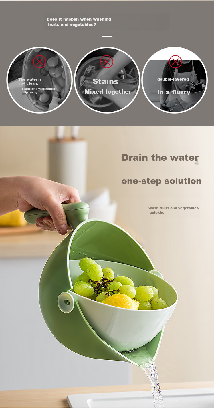 Bear Vegetable Washing Basket Draining Basket, Double-Layer Separable Draining Fruit Washing Basket, Thickened Vegetable Basin JE012-P01 2