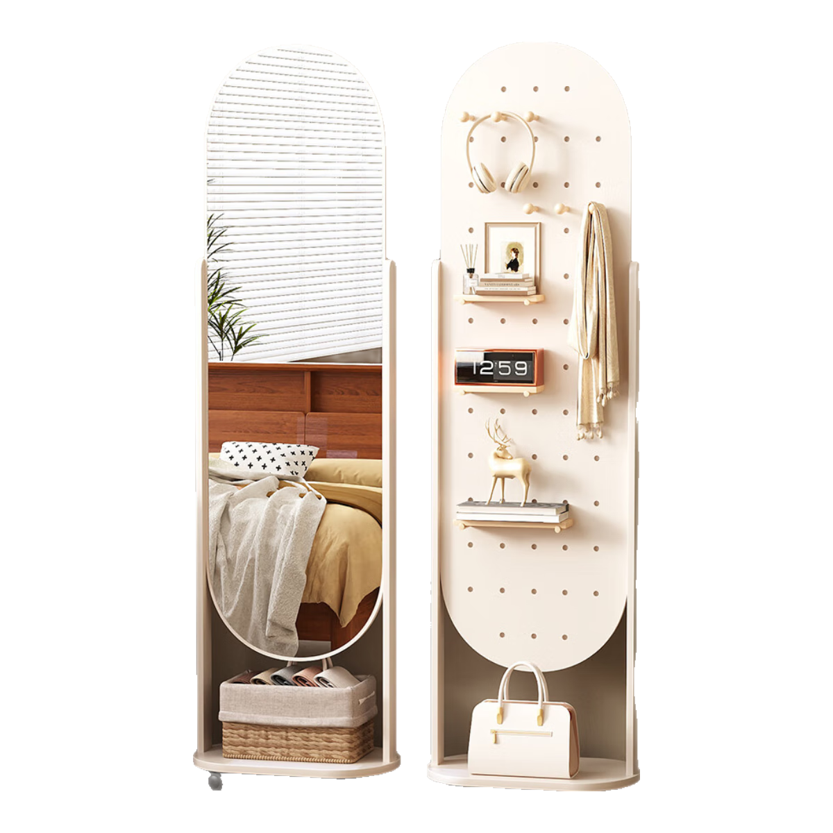 Millennium Mansion Pegboard Rotating Full-Length Mobile Floor Mirror with Integrated Clothes Rack 170*40 Warm White