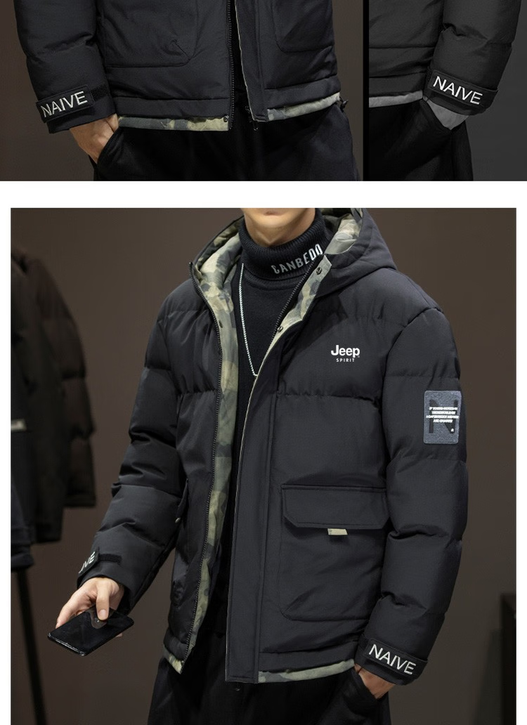 JEEP SPIRIT Men's Cotton Padded Jacket Autumn Winter Thick Warm Hooded Sports Coat Black 2XL 6