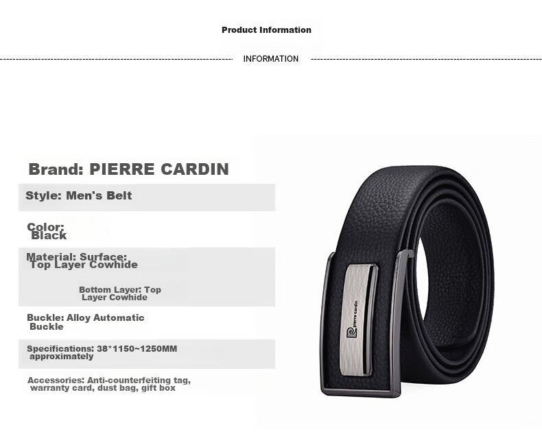 Pierre Cardin Men's Belt, Top Grain Leather, Buckle Waistband, Smooth Buckle Trouser Belt, Gift Box, Present, Black, 115-120 10