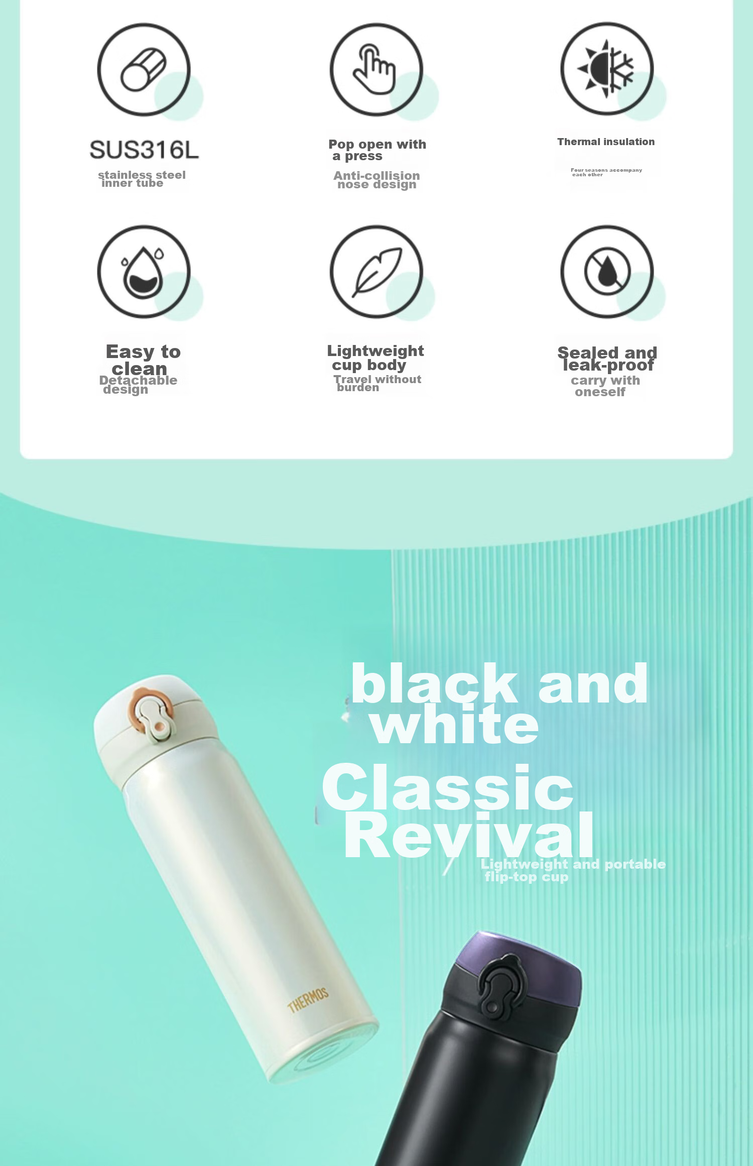 THERMOS Insulated Mug, 316 Stainless Steel, 500ml, for Men, Women And Children, Practical Water Bottle, Birthday Gift, JNL-500S PRW 2