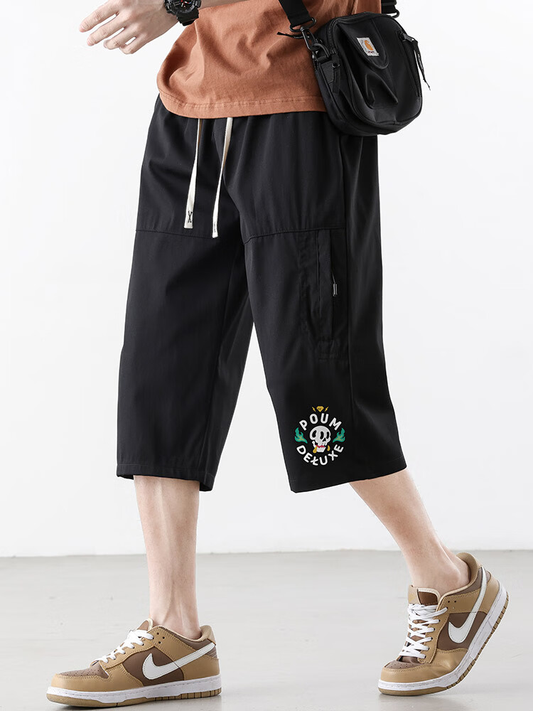 POUM Casual Cargo Capri Pants for Men, Summer Loose-Fit Trendy Quick-Dry Ice Silk Sports Shorts TQ05 Black L 9