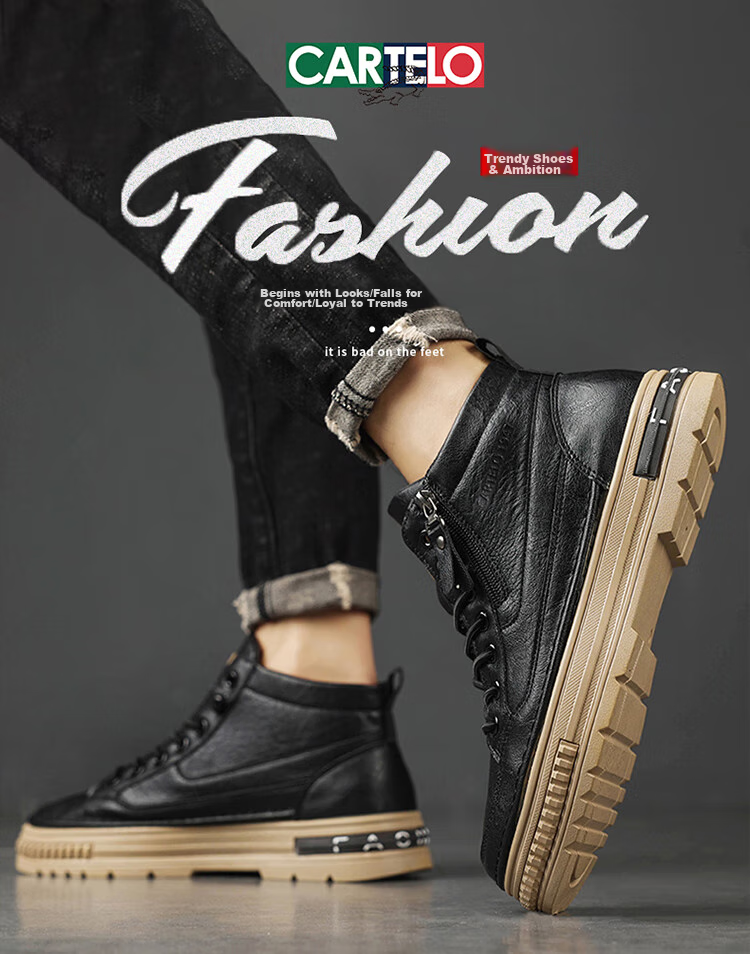 CARTELO Men's Shoes, Spring 2026 Popular High-Top Casual Leather Shoes, Thick-Soled Work Boots for Men, Black, Size 43 1