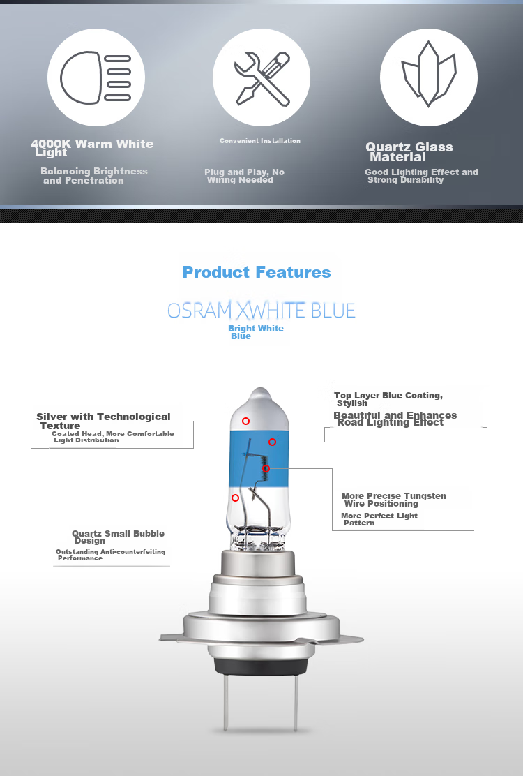 OSRAM Automotive Bulb, Headlight, High Beam, Low Beam, Halogen Lamp, Bright White Blue H1 [4000K], 12V 55W 3