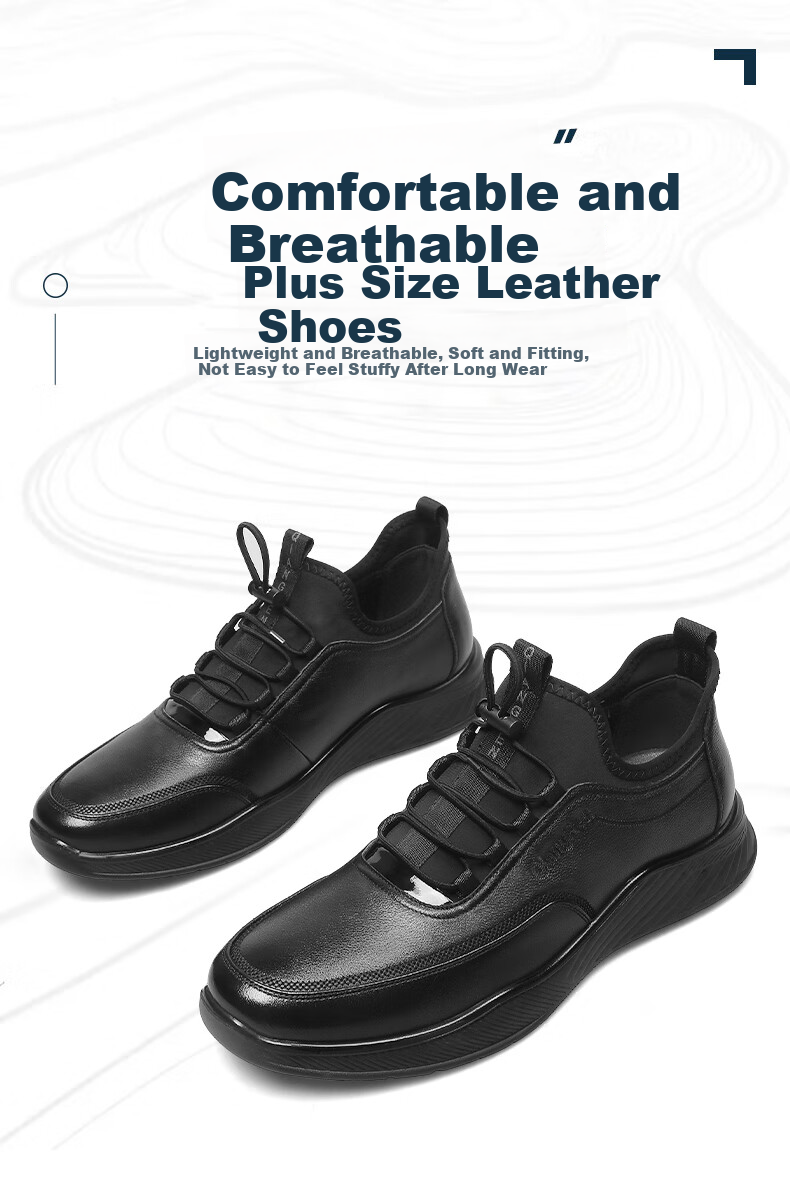 Qiangren Casual Shoes for Men, Top-Grain Leather, Extra Large Size Leather Shoes, Breathable Sports Oversized Men's Shoes, JD73097, Black, Size 45 9