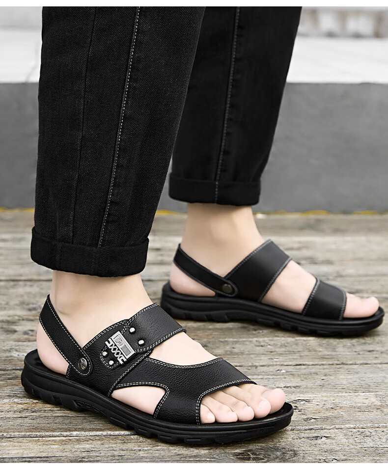 MEXICAN Men's First Layer Cowhide Sandals Beach Slip-On Hollow Out Shoes Black Size 44 6
