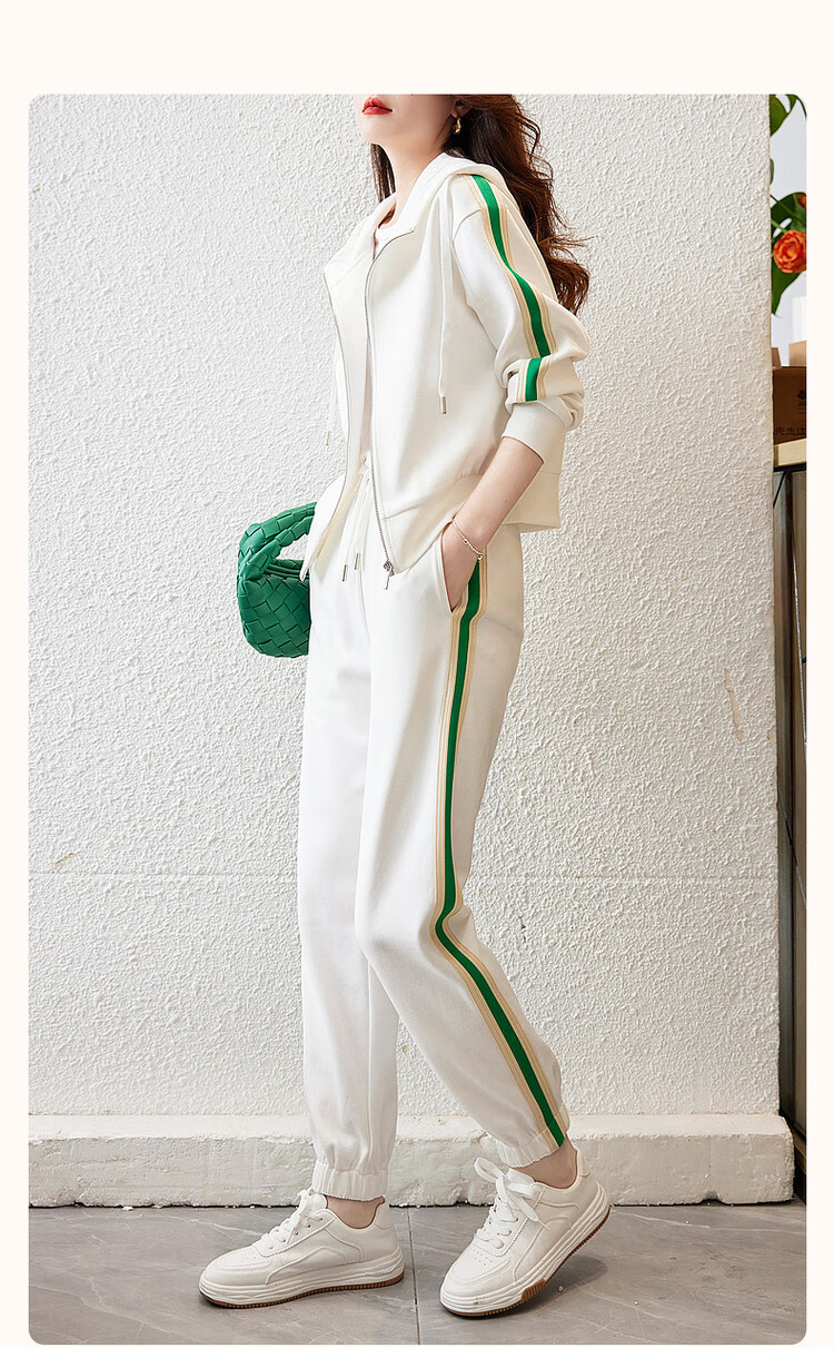 Dme [Woven Casual Set] Spring And Autumn Hooded Long-Sleeve Top Mid-Rise Pants Two-Piece Set for Women, Off-White, XL 2