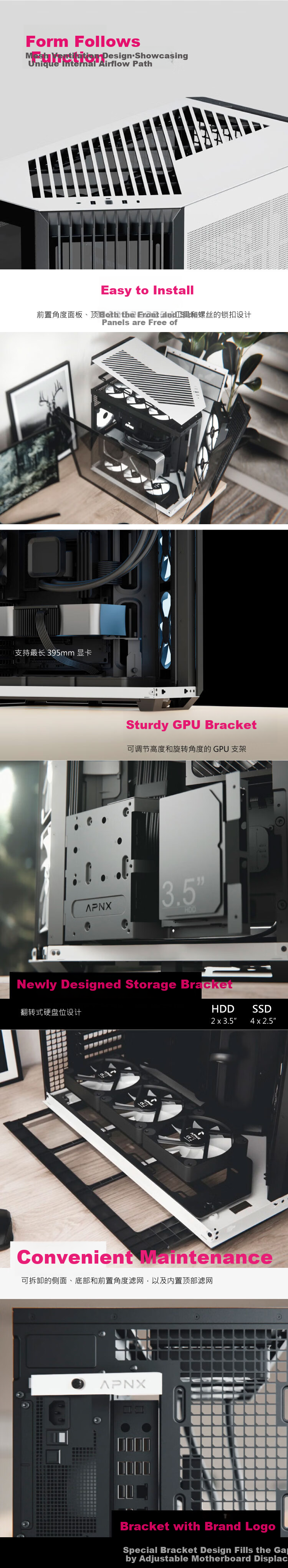 APNX V2 White Desktop Gaming Case with Seaside View, 71L Giant Size, Supports ATX Motherboard, Three-Sided Glass, Quick-Release, Three-Sided 360mm Water Cooling, Standard Configuration with Type-C Port 1
