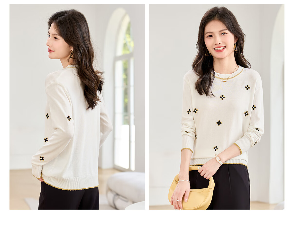 She Enjoy Short Sleeve T-Shirt Women Round Neck Lucky Clover Embroidered Casual Versatile Knit Tee T143T1376 5