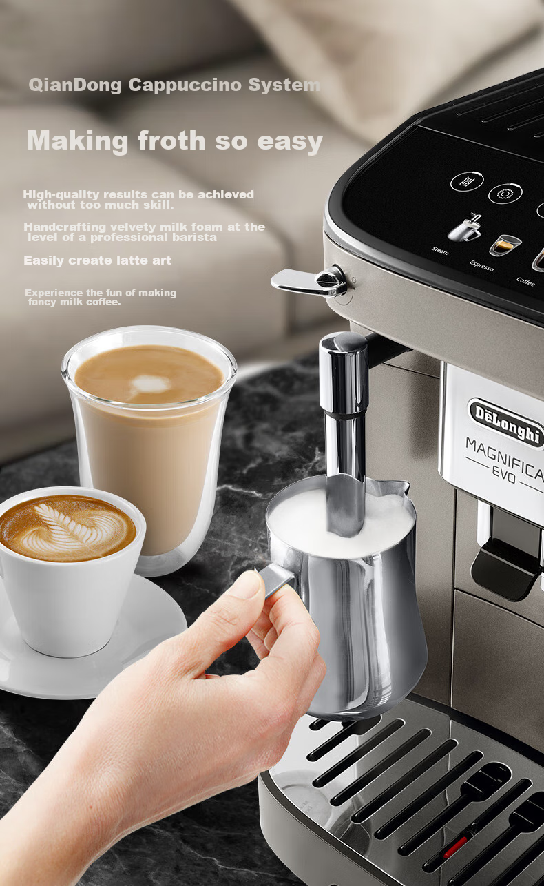 Delonghi Coffee Machine, Home Fully Automatic Coffee Maker, European Imported Small Italian American-Style Fresh Grinding, Hot And Cold Dual Extraction Pure Extraction Ice Coffee Manual Milk Frother, E Plus Gift 9
