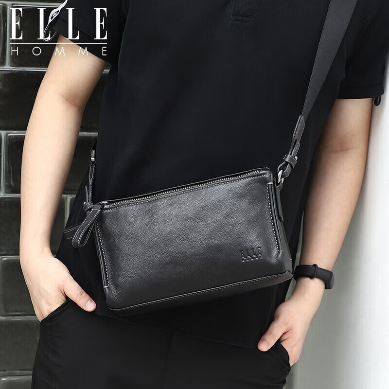 ELLE HOMME Men's Crossbody Bag, Fashionable Genuine Leather Shoulder Bag, Casual Large-Capacity Small Satchel Cowhide Men's Bag 206730 Black Birthday Gift for Boyfriend
