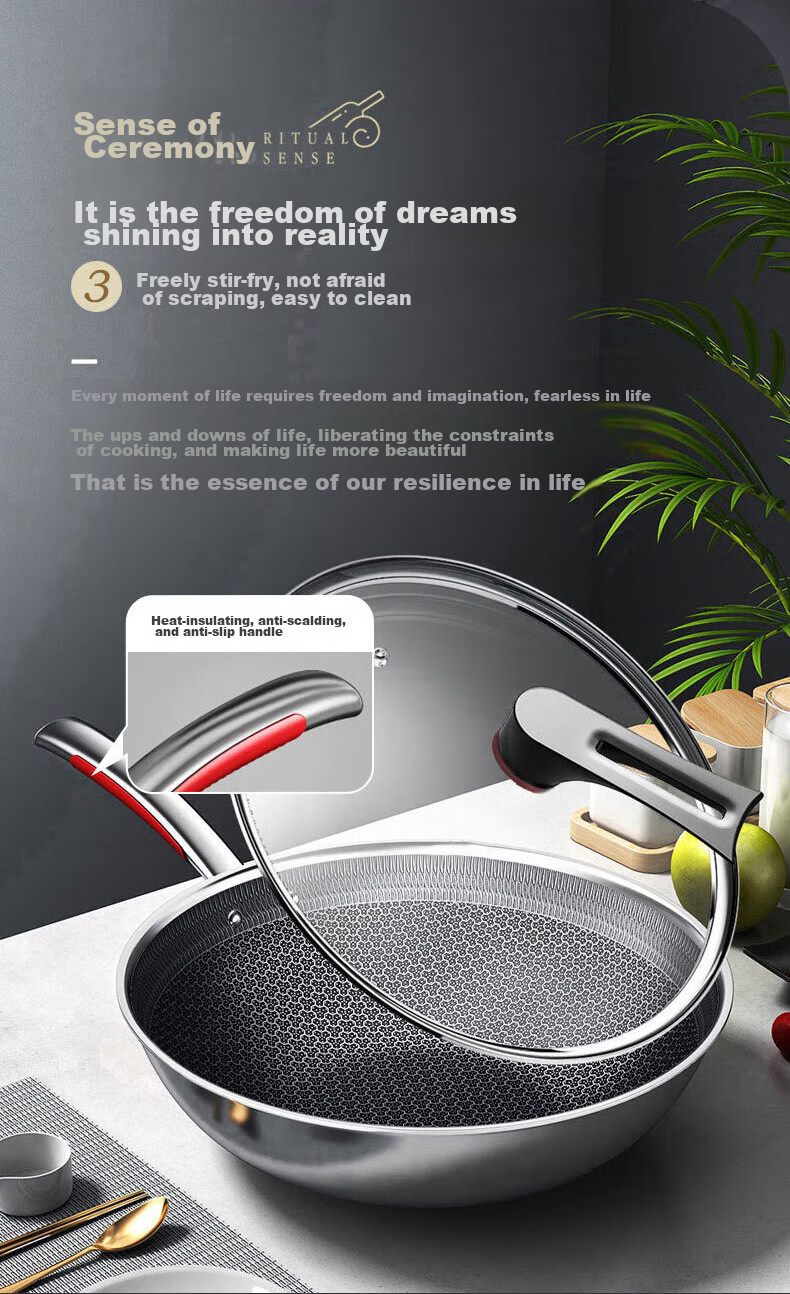 KBH Non-Stick Wok, 316L Stainless Steel Frying Pan, 32cm Honeycomb Flat Bottom Skillet, Compatible with Induction And Gas Stoves 8