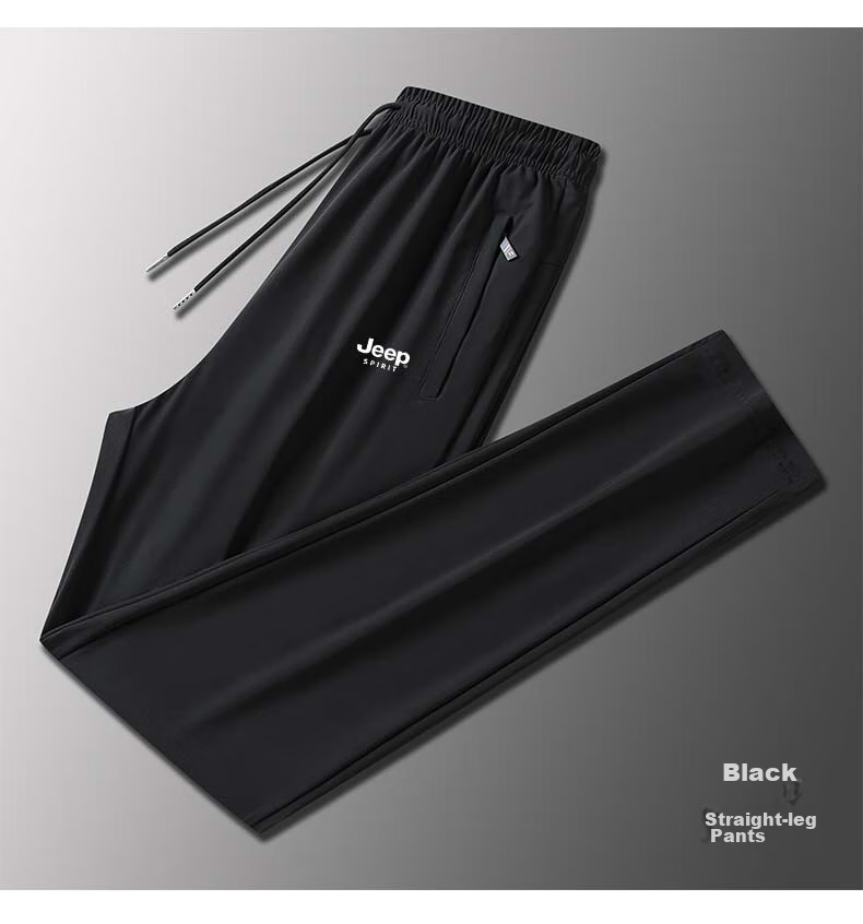 JEEP SPIRIT Men's Casual Pants, Summer Sports Trousers, Ice Silk Quick-Dry Versatile Loose Outdoor Pants, Black Straight Leg, 2XL 14