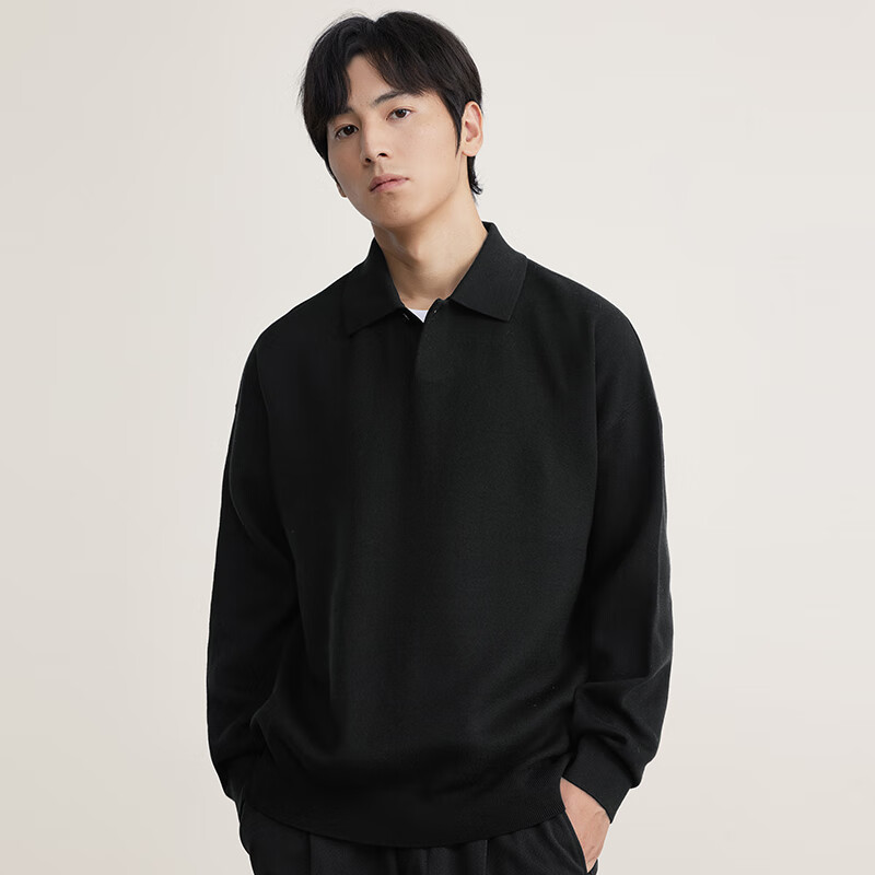 MARKLESS Men's Casual Pullover Knit Sweater, Long Sleeve, Spread Collar, Drop Shoulder, Machine Washable, Knit Top 5703, Starry Black, Size L