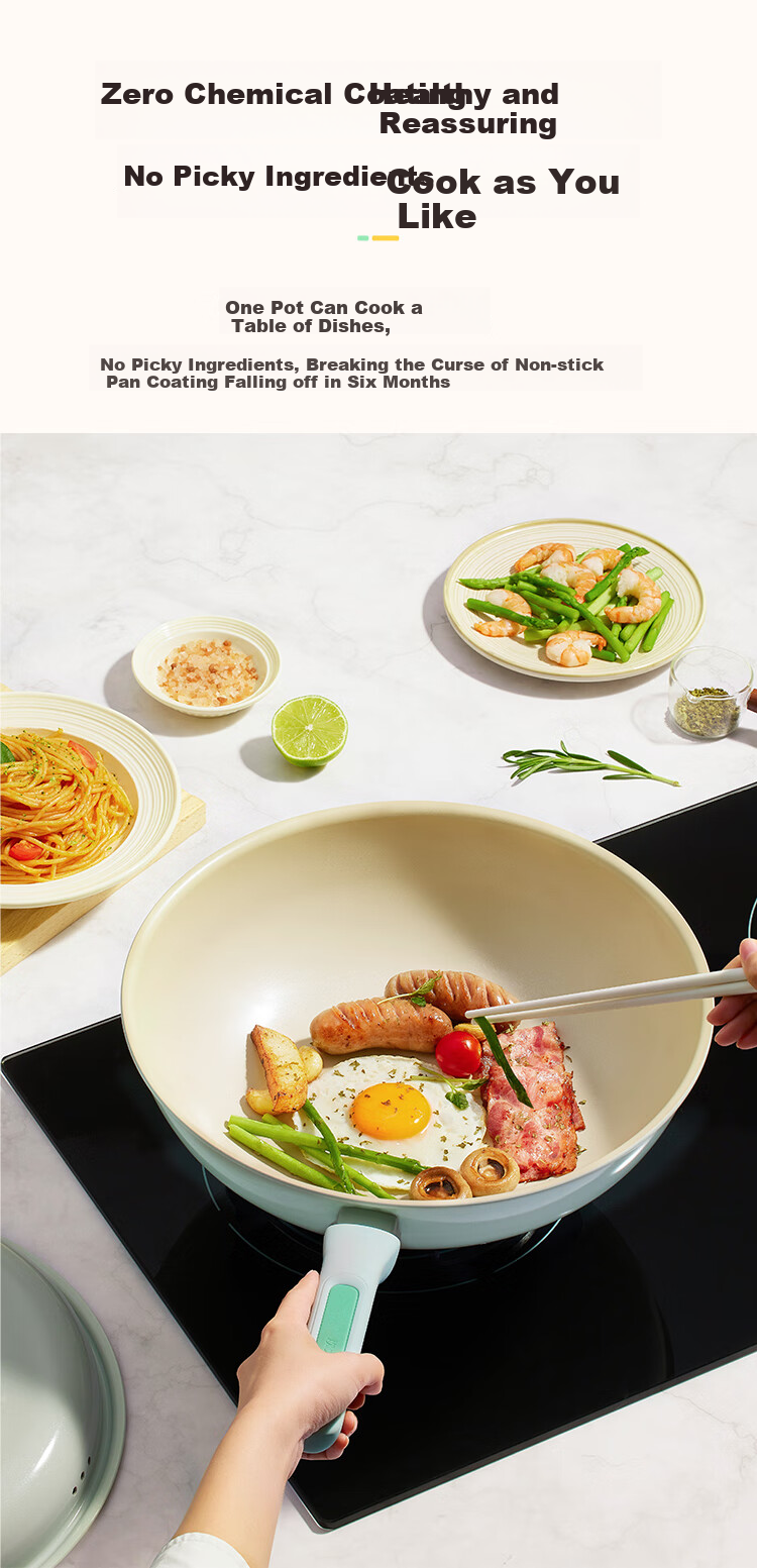 COOKER KING Non-Stick Wok, Easy-To Flat Bottom Multi-Purpose Frying Pan, 30cm Compatible with Induction Cookers, Glutinous Rice Green NM30CGL-PTK 10