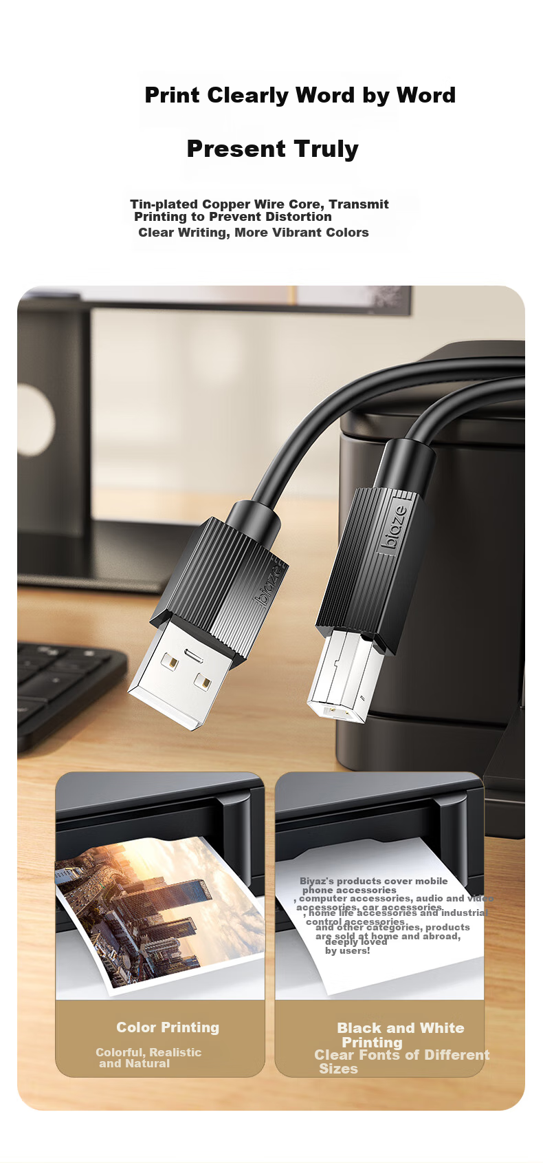 BIAZE Printer Data Cable, USB High-Speed Printing Cable, Square Port, Compatible with HP, Canon, Epson Printers, Extension Cable, B-Line Upward Cable, 2 Meters 4