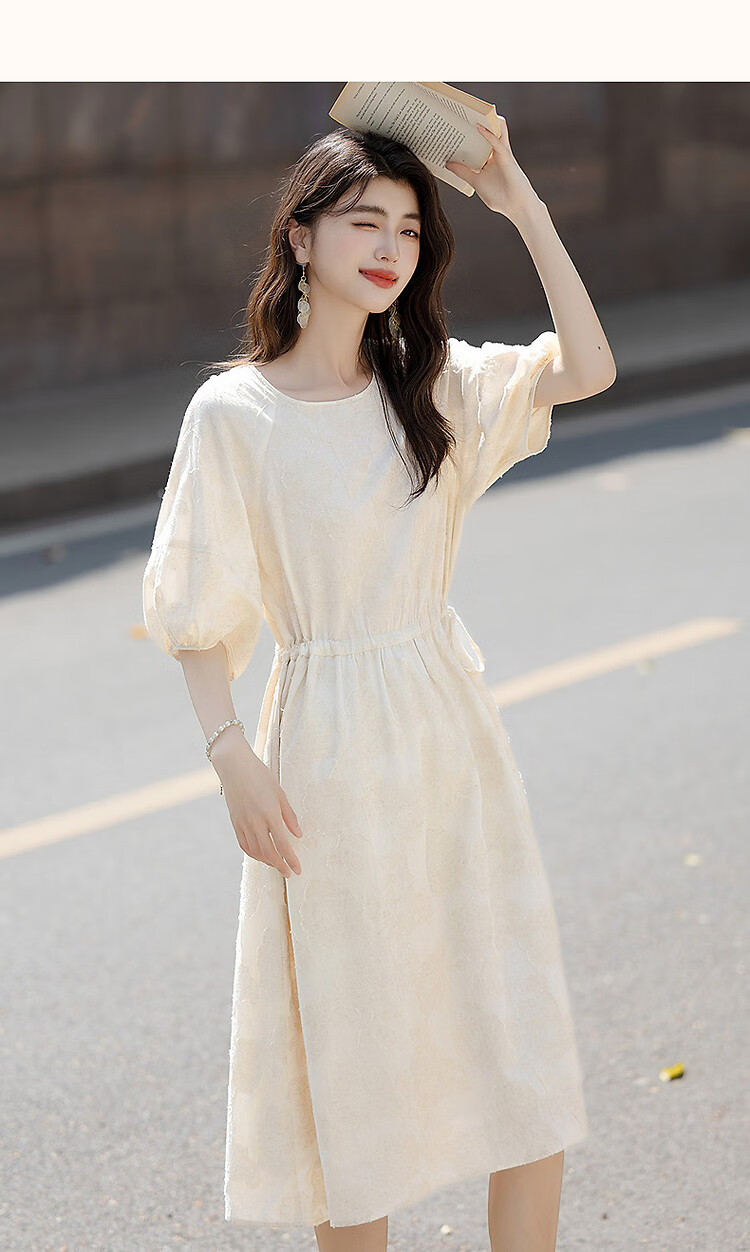Demana Heavy Embroidered 3D Cutwork Summer French Style Lightweight Loose Mid-Length Women's Dress with Drawstring and Half Sleeves 17