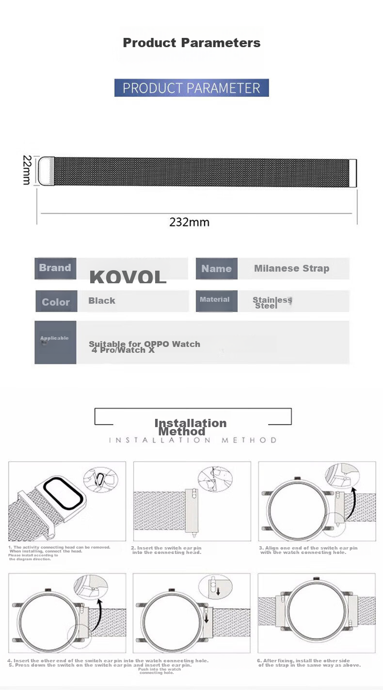 KOVL Compatible with OPPO Watch 4 Pro/OPPO Watch X2/X Watch Strap, Steel Milanese Magnetic Buckle, Strong Magnetic Clasp, Breathable Stainless Steel Wristband 8