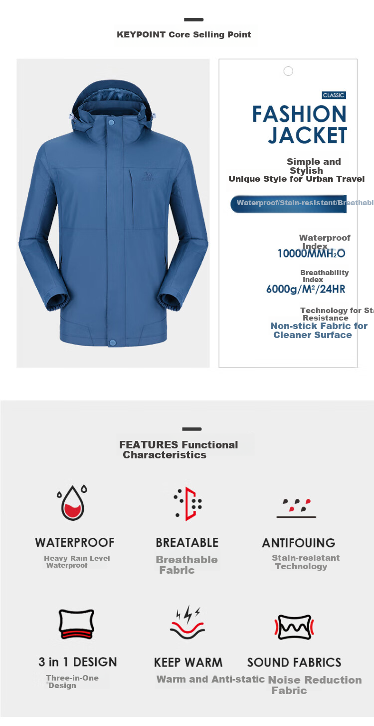 CAMEL Windbreaker Jacket for Men And Women, Three-In Detachable Two-Piece Set, Outdoor Heavy Rain-Proof Waterproof Windproof Mountaineering Suit 7