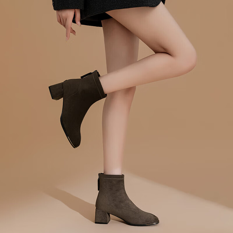 DAPHNE Women's Ankle Boots, Autumn French High Heels, Slim Boots, Black Retro Suede Boots, Light Brown, Size 38
