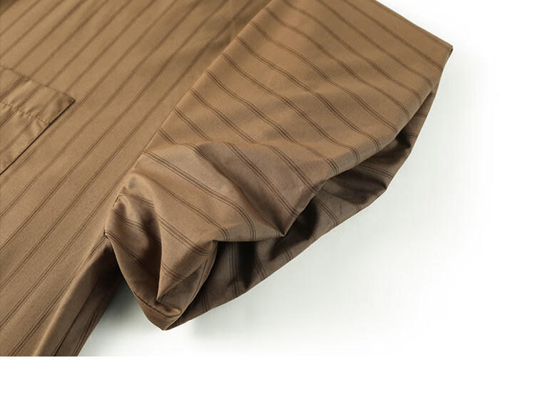 Dme Stand-Collar Striped Commuter Shirt Dress, Summer Puff Sleeve Striped Fabric Short-Sleeve Dress, Coffee Color, M 12